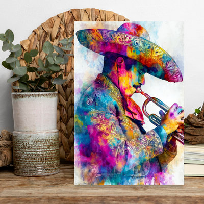 Vibrant Mariachi Trumpeter Abstract Colorful Traditional Portrait Wall Art Print 1 Piece Wrapped Canvas Wall Art