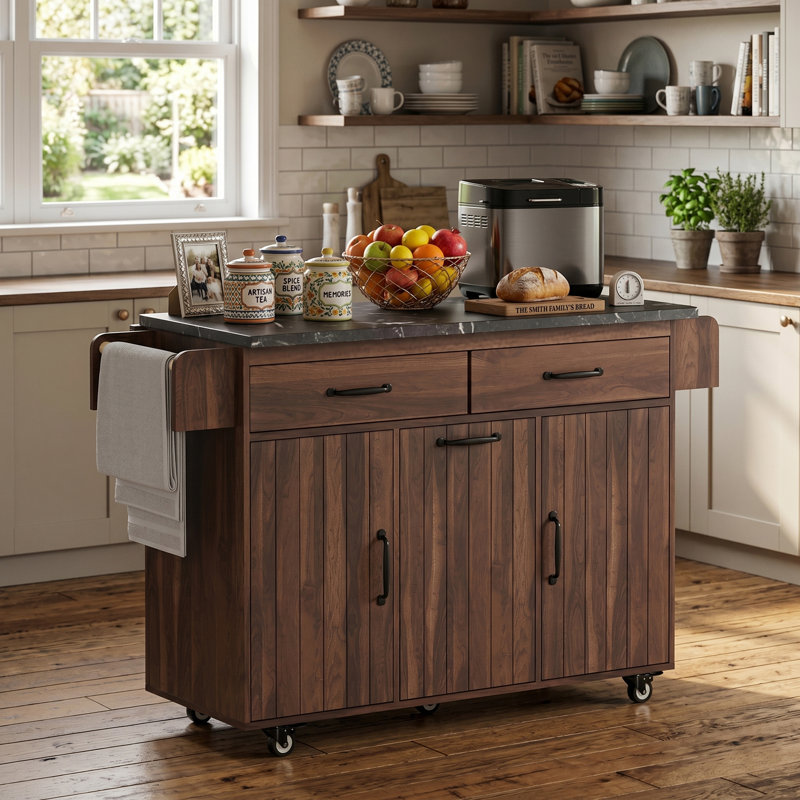 Kitchen Island With Trash Can Storage Cabinet, Kitchen Cart With Drop Leaf, Spice Rack, Towel Rack And Drawer, Rolling Kitchen Island On Wheels With Adjustable Shelf, Walnut Brown
