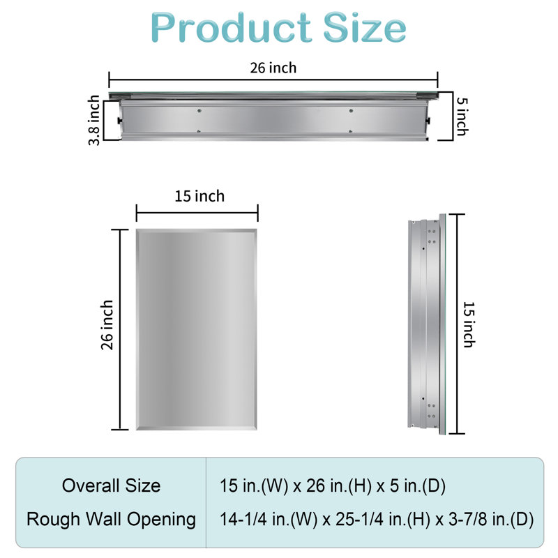 Recessed Or Surface Mount Medicine Cabinet Mirror With 2 Adjustable Tempered Glass Shelves, 26"H x 15"W x 5"D