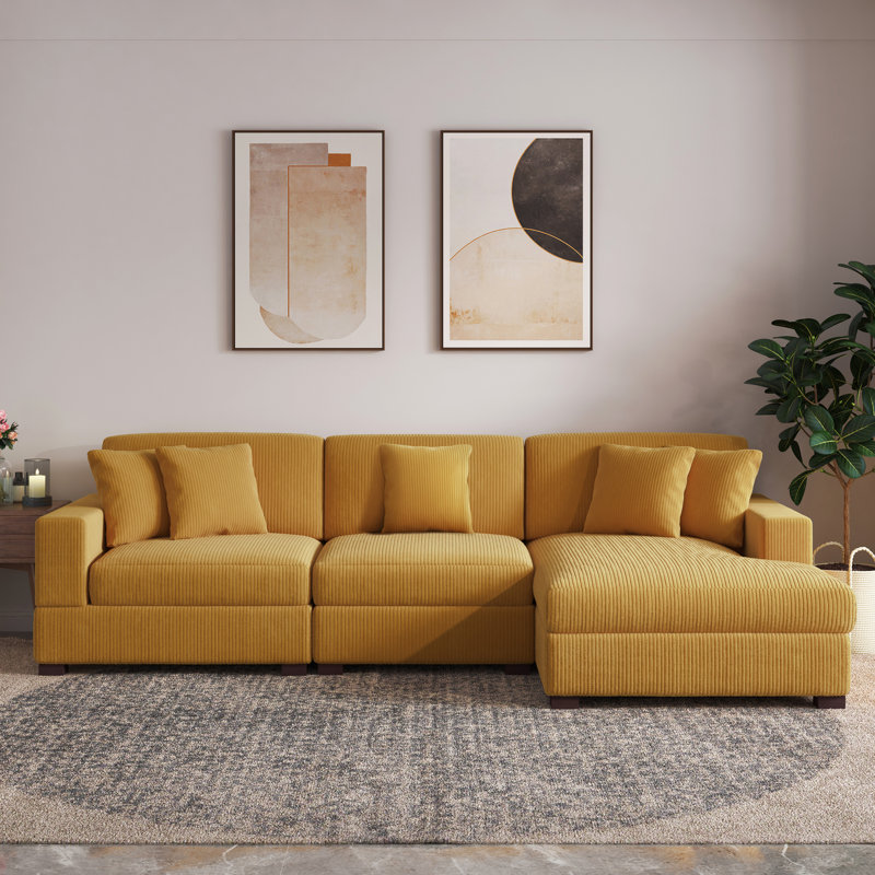 Milbrey 2-Piece Corduroy Modular Sectional with Loose Back, Right Hand Facing, Orange Corduroy