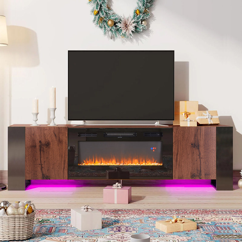 Metro Lane 178 cm W Black Electric TV Stand with 5120 BTU, Black/Brown