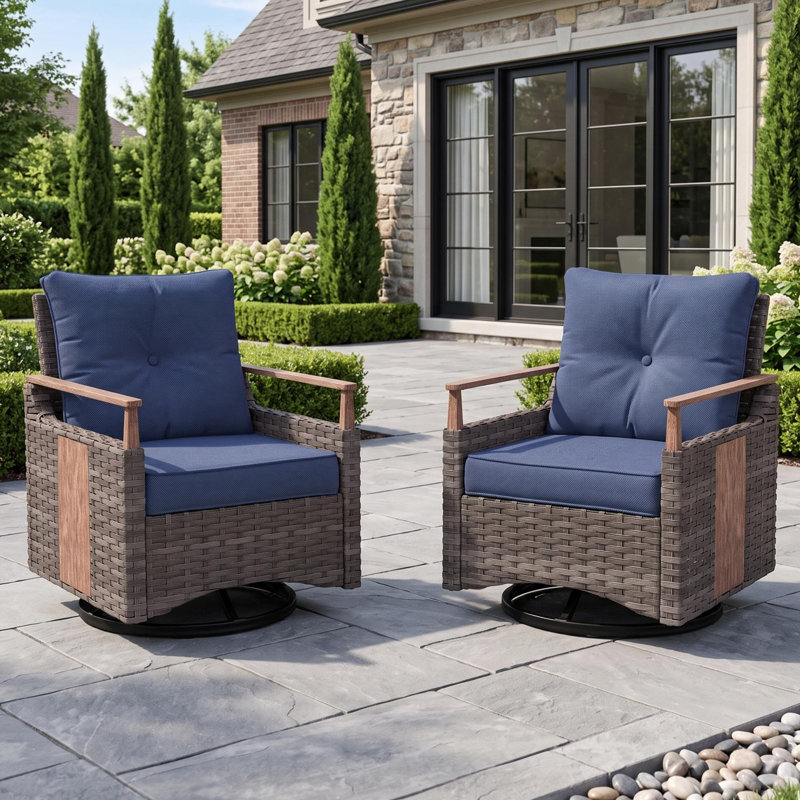 Ensemble de 2 chaises de patio en osier avec coussins et finition aspect bois Melvarn, Bleu