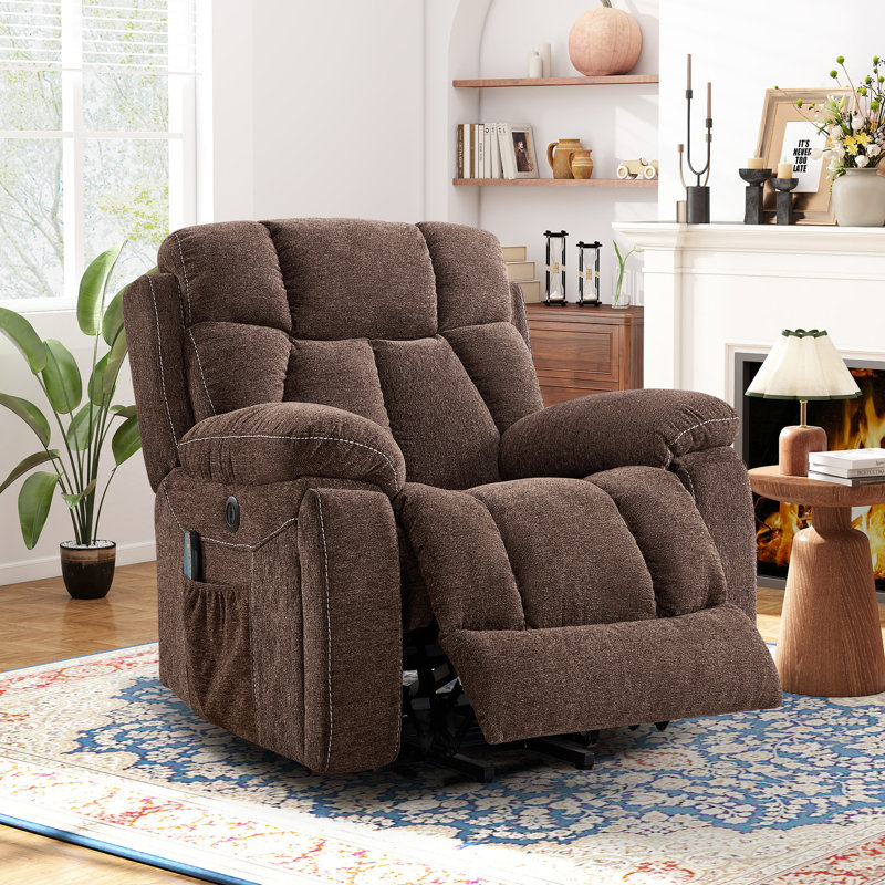 Fauteuil de massage inclinable et chauffant en microsuède de 41,3 po avec port USB et porte-gobelets, Espresso Brown Chenille