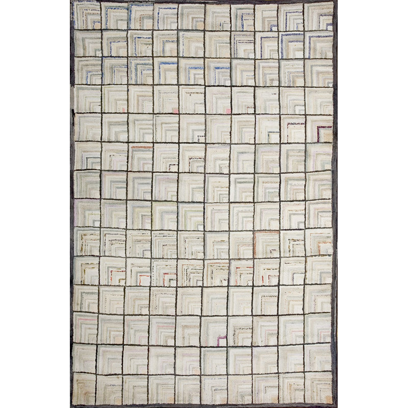 Light Ivory Color Antique American Folk Art Geometric Log Cabin Pattern Hooked Rug