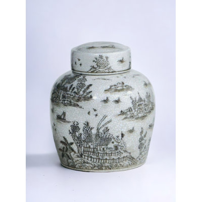 Porcelain Ginger Jar with Chinoiserie Design, Brown, 9"