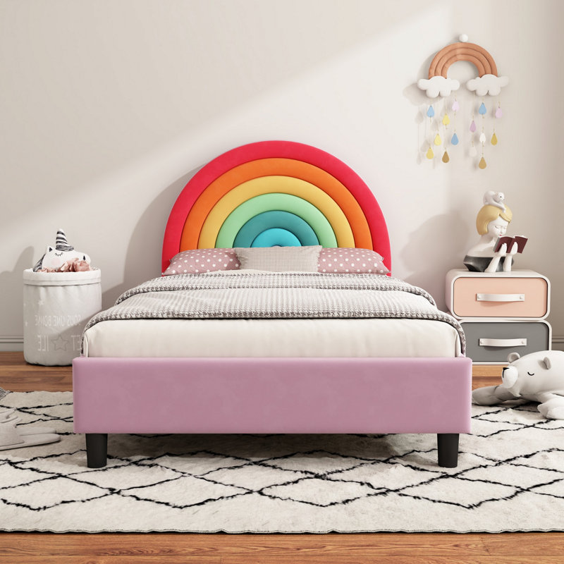 Upholstered Platform Bed with Rainbow Design