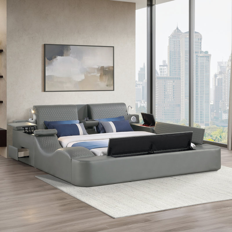 Lit multifonctionnel intelligent Ziora avec masseur, haut-parleurs Bluetooth et lampes de lecture, Très grand, gris