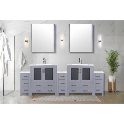 A 96 In. W Dark Grey Double Bath Vanity With Side Cabinets, White Ceramic Countertop, Solid Wood Structure, Soft - Closing Mechanism, Two Interior Cabinets And Thirteen Drawers For Ample Storage
