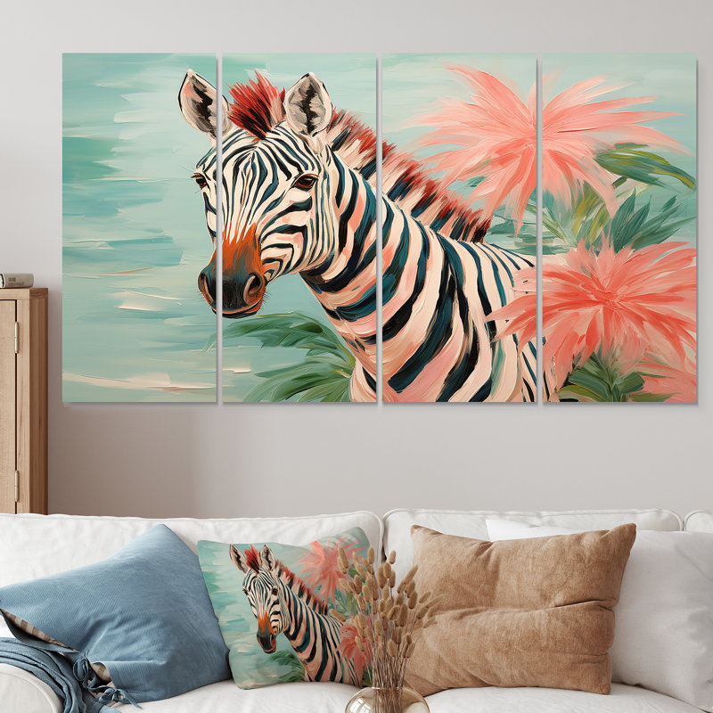 Ensemble de 4 décorations murales roses et vertes Zebra II - Zebra, H 32 po x l 64 po