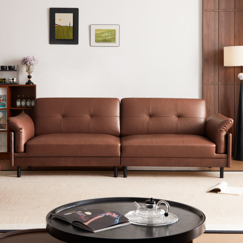 78.7-inch Solid Wood Tufted Sofa With Pillow Top Arms, Mid-century Modern Brown Luxury Leather Couch With Deep Seat Or Living Room Home Office
