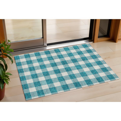 3' X 5' Teal Blue And Gray Plaid Washable Indoor Outdoor Area Rug