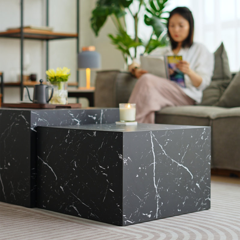 Faux Marble Nesting Coffee Tables - Set of 2 Modern Square Side Tables for Living Room, No Assembly Needed,Marble Black