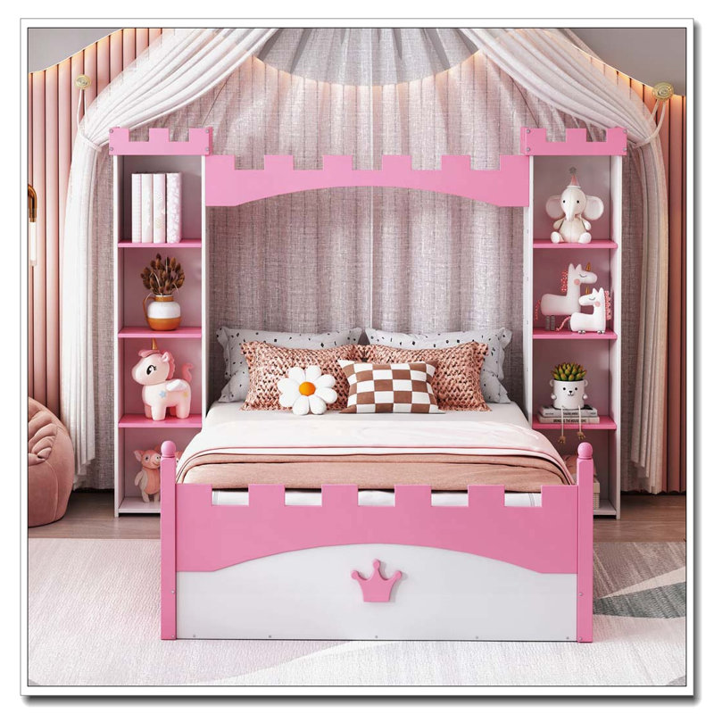 Lit en bois en forme de château avec tablette de rangement, Blanc / Rose