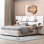 Grand lit en velours beige, ports et prises de recharge, rangement latéral, tête de lit, lit plateforme stable avec revêtement, ports de sortie, tablettes de rangement et tendance