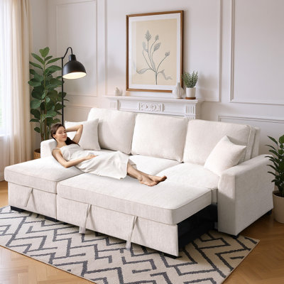 90.5" Wide Convertible Sectional Sofa Bed Chenille L-Shape Sleeper Couch with Flip-up Cup Holders & USB Ports & Storage Chaise for Living Room