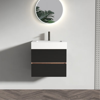 Meuble-lavabo mural de style Mid-Century moderne, pièces latérales en grain de bois, meuble-lavabo 24 po Water Water avec lavabo une pièce noir mat, motif de grille unique, mélange de couleurs noyer