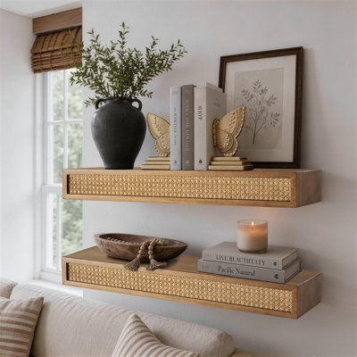 Solid Wood Floating Decorative Wall Shelves Rattan Finish