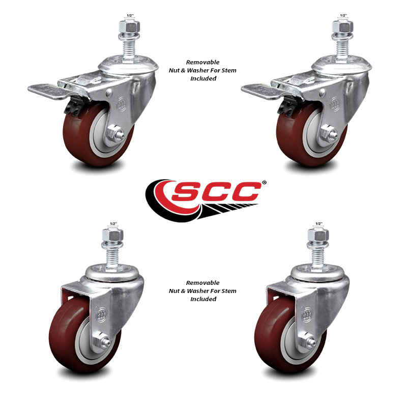 Ensemble de 3 roulettes à tige filetée en polyuréthane marron de 3 pouces et demi-frein