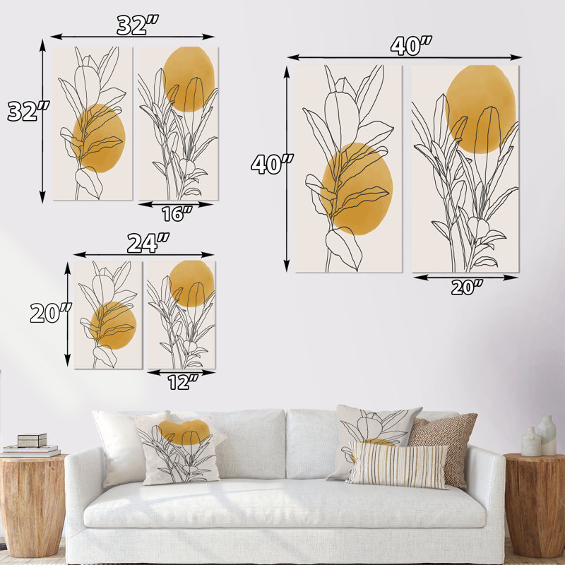 Branche botanique jaune avec feuilles I - ensemble de 2 peintures, H 40 po x l 40 po, Toile tendue, Sans cadre