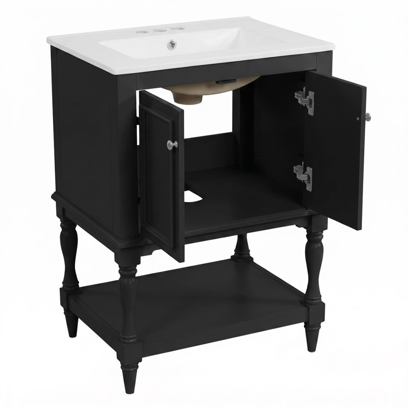 Meuble-lavabo de salle de bain autoportant en bois massif 24 po + 24 po avec plateau ouvert et rangement fermé noir, Black