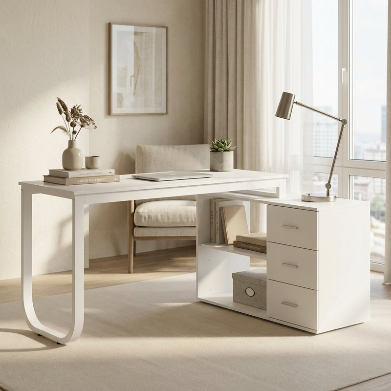Latwon L-Shaped Writing Desk, White