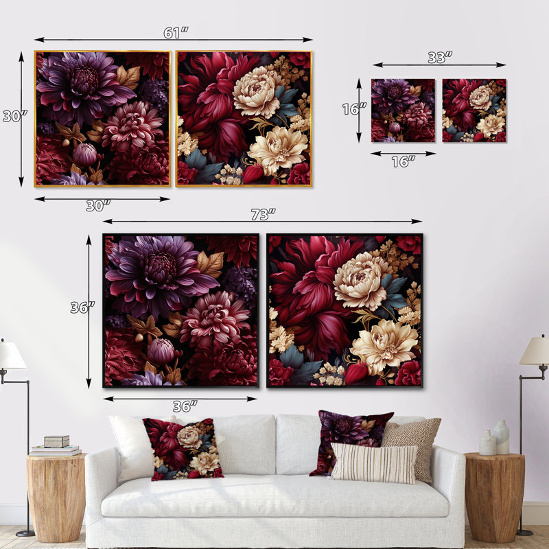Royal Peony Garden Grace - ensemble de 2 pivoines carrées, Cadre flottant brun, H 16 po x l 33 po