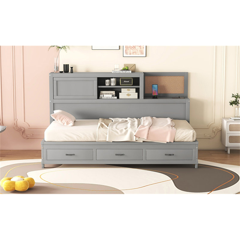 Twin Size Wooden Daybed With 3 Storage Drawers, Upper Soft Board, Shelf, And Integrated Sockets And USB Ports For Modern Living