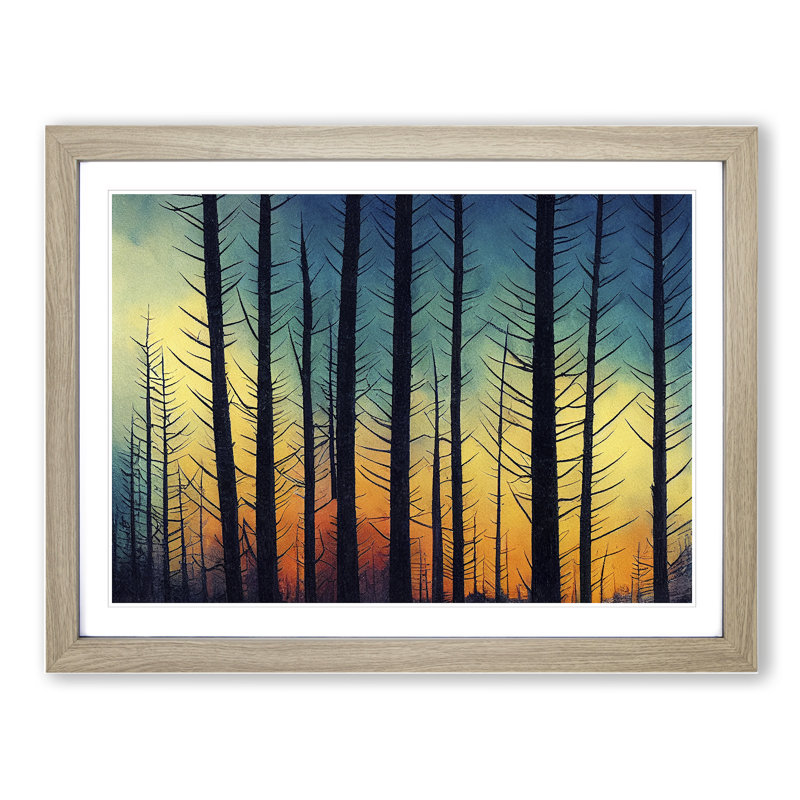 XH1022-8601X Sunrise Pine Tree Forest Vol.1 - Single Picture Frame Print, 46cm H x 64cm W, Oak