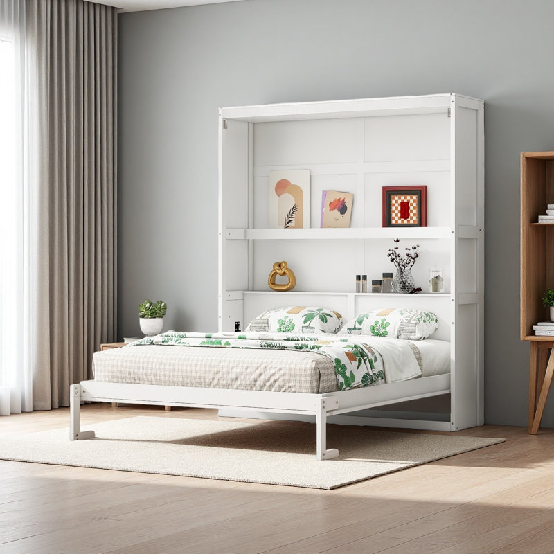 Lit escamotable mural avec tablettes Murphy, Double, Blanc