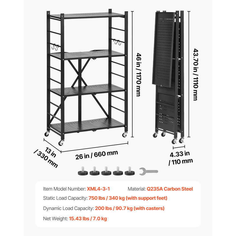 Tablette de rangement pliante avec roulettes, H 46 po x l 26 po x P 13 po