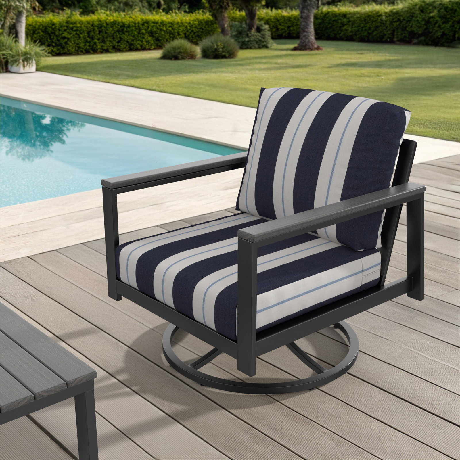 Townsend Outdoor Rocking Metal Chair with Sunbrella® Cushions, Blue/White, Black, Yes
