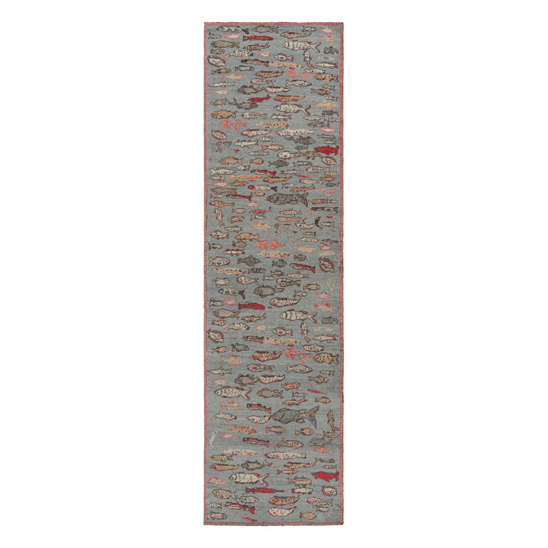 Rug & Kilim’S Mid-Century Style Runner Rug In Blue With Colorful Fish Pictorials, Rectangle 5' x 7'