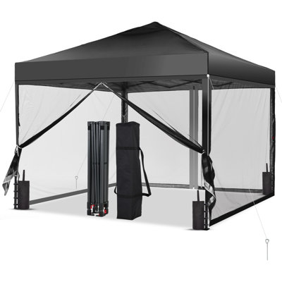 10x10 Pop Up Canopy Tent  with 4 Netting Sidewalls, Easy Up Canopy with 3 Adjustable Heightt, Outdoor Gazebo Canopy Tent with Sandbags and Carrying Bag for Camping, Parties,Outdoor Events-Black