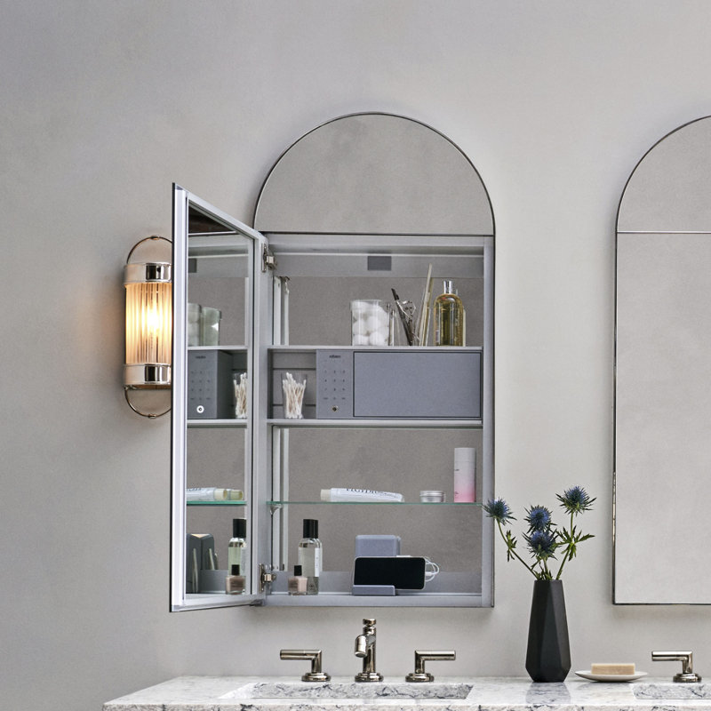 Murray Hill Recessed Framed 1 Door Medicine Cabinet with Electrical Outlet, Polished Stainless Steel