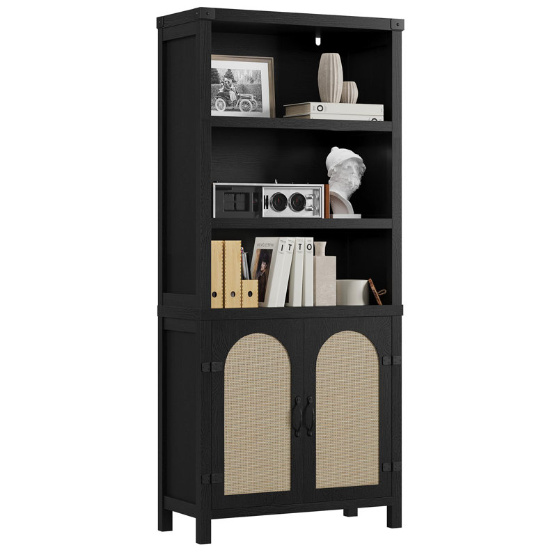 70" Rustic Wooden Bookcase with Doors, 3-Shelf Floor Standing Storage Cabinet for Living Room, Bedroom, or Office, Black