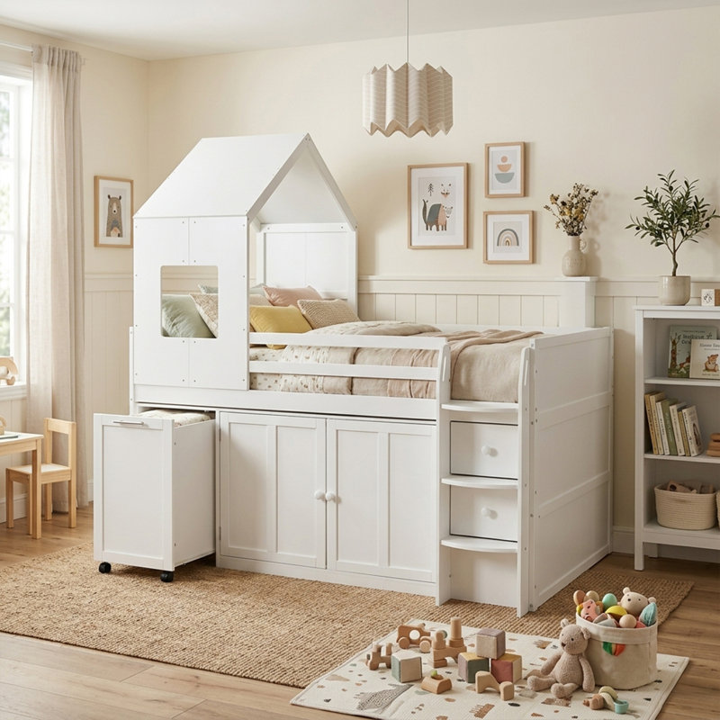 Lit mezzanine simple simple avec bureau coulissant et armoires de rangement, lit en bois de pin massif avec tiroirs et marches, cadre de lit junior multifonctionnel peu encombrant