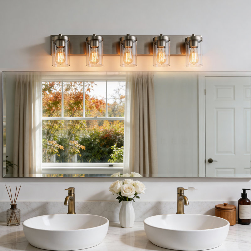 Luminaire de meuble-lavabo 3 lumières Cleofas avec abat-jour en verre transparent, Nickel brossé, 5 lumières