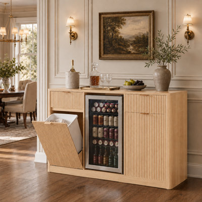 Armoire à café moderne cannelée 59 po avec mini espace réfrigérateur, armoire à ordures inclinable et prise de courant intégrée