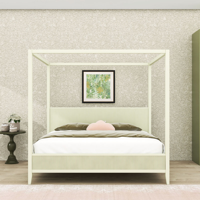 Lit plateforme à baldaquin en bois avec tête de lit et lattes, Beige, King