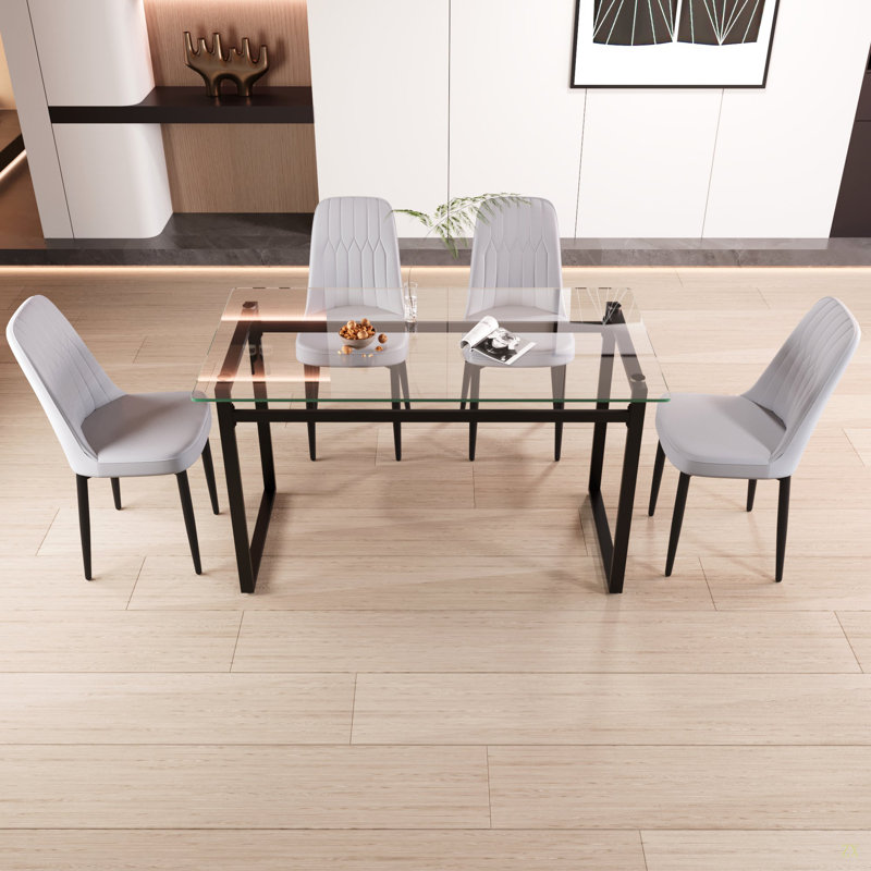 Ensemble de table de salle à manger pour 4 personnes en verre, ensemble de cuisine avec table et chaises à pieds en métal noir, plateau de table rectangulaire moderne en verre trempé et chaise de salle à manger en polyuréthane