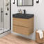 Meuble-lavabo suspendu moderne de 61 cm (24 pouces) en noyer brun avec lavabo intégré noir et 2 tiroirs de rangement, fixé au mur et entièrement assemblé.-1268244649-1268244652