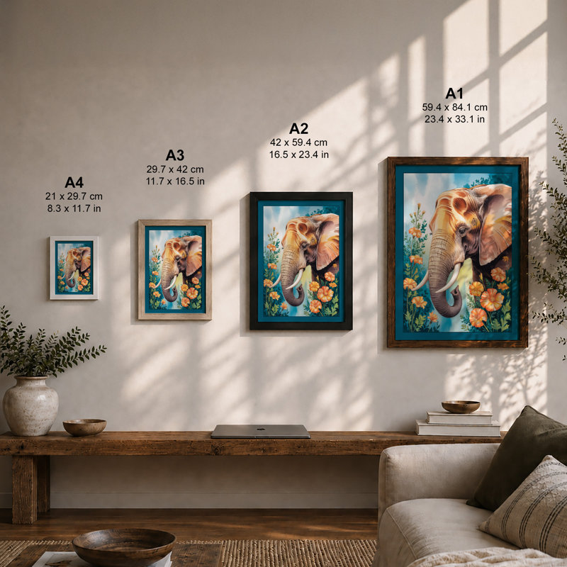 Elephant and Blossoms Boho 1 Piece Single Picture Frame Wall Art, A2 - 59.4 x 42.0 cm, White