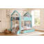 Lit superposé deux places avec tiroirs et étagères de rangement, lit superposé moderne en bois bicolore avec bande lumineuse, meuble de chambre gain de place, blanc et bleu-648788343