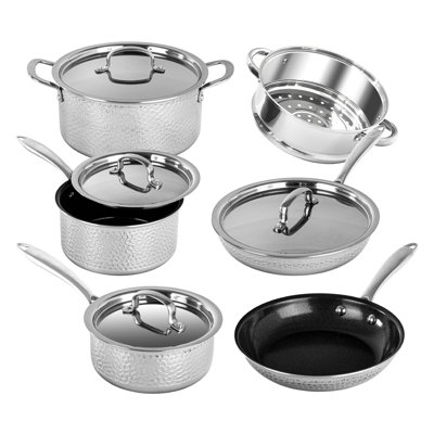 Granitestone Stainless Steel Hammered 10 Piece Nonstick Cookware Set, Stay Cool Handles, Oven & Dishwasher Safe -  7552