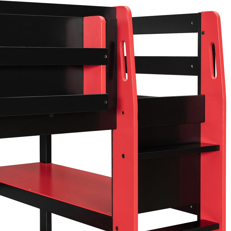 Lit mezzanine en bois avec bureau, support de rangement latéral, tablettes multiples et lumière RVB, Rouge, Lit simple