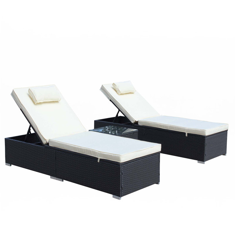 3-Piece Outdoor Patio Furniture Set Chaise Lounge With Glass Coffee Table, Adjustable Back And Feet, Beige