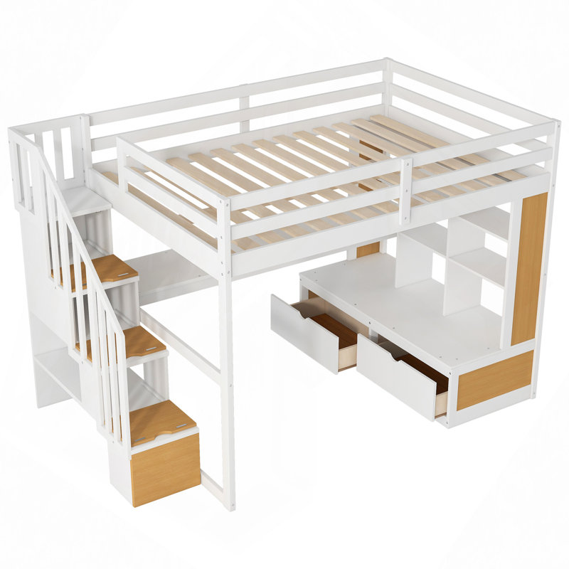 Lit mezzanine avec bureau et tablettes, deux tiroirs intégrés, escalier de rangement
