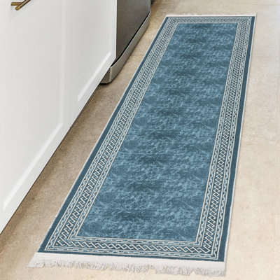 Machine Washable Wrinkle Free Flatweave Border Blue Area Rug for Living Room, Hallway Runner