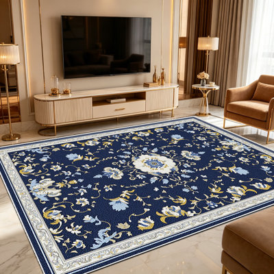 Tapis d'intérieur 1 pièce à motif médaillon bleu marine et or, élégant et polyvalent, facile à nettoyer et à entretenir. Idéal pour la chambre, le salon, le corridor, l'entrée, une chambre d'étudiant ou un bureau, il apportera une touche de fraîcheur à votre intérieur.