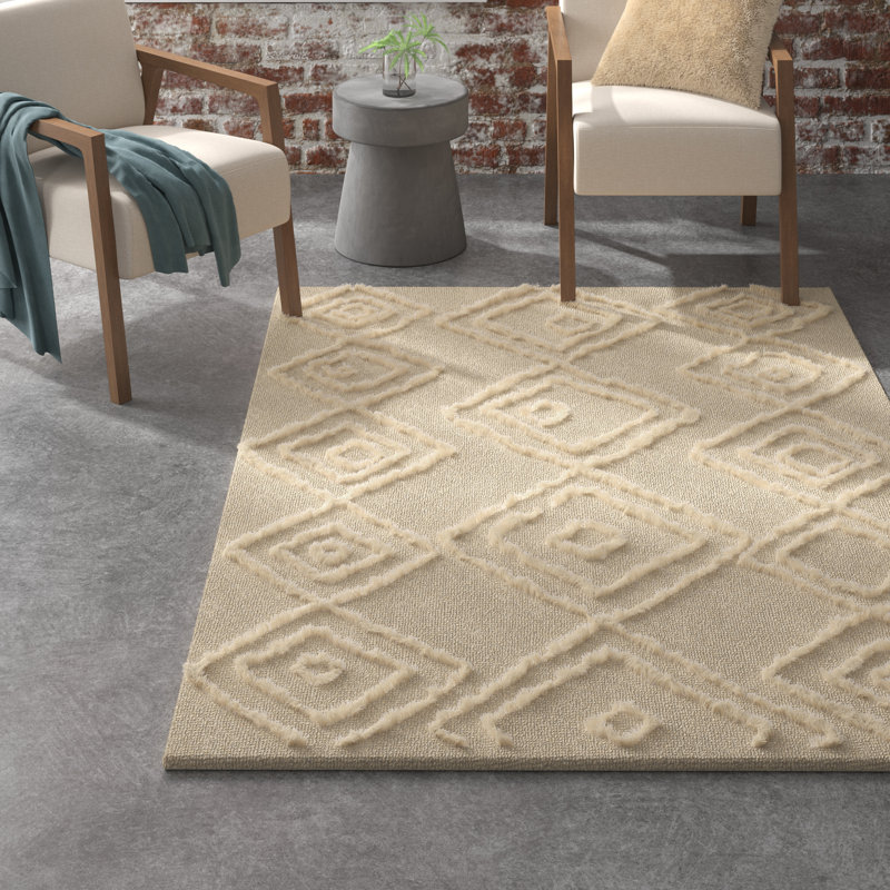 Tapis beige abstrait en laine touffeté, Rectangle 8 pi x 10 pi